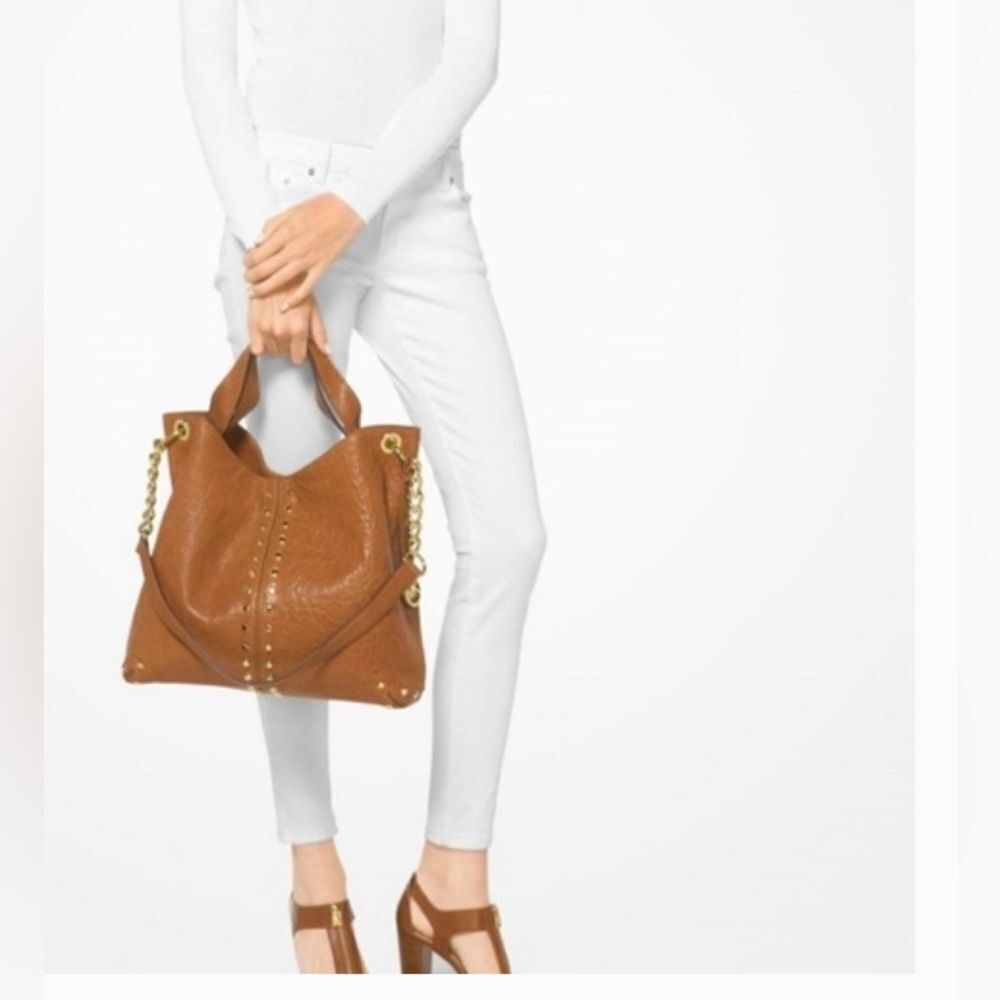 Michael Kors Womens Cognac Leather Studded Uptown Astor Shoulder Tote Handbag